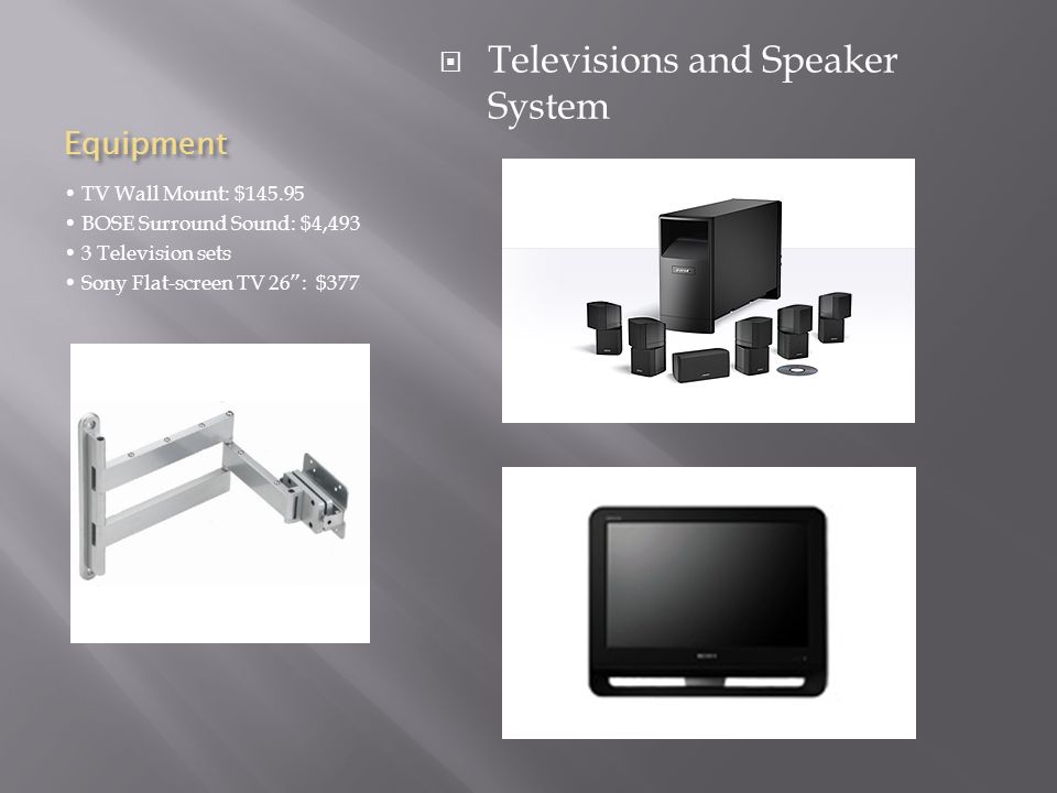 Equipment TV Wall Mount: $ BOSE Surround Sound: $4,493 3 Television sets Sony Flat-screen TV 26 : $377  Televisions and Speaker System