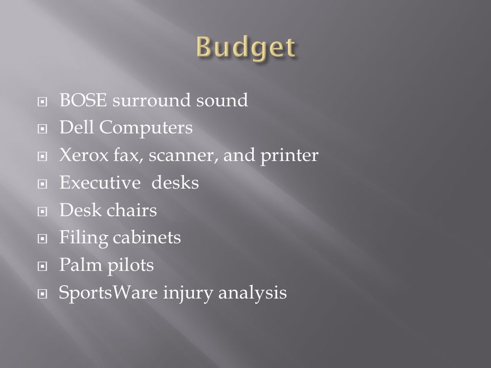  BOSE surround sound  Dell Computers  Xerox fax, scanner, and printer  Executive desks  Desk chairs  Filing cabinets  Palm pilots  SportsWare injury analysis