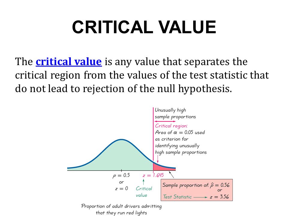 CRITICAL VALUE The critical value is any value that separates the critical region from the values of the test statistic that do not lead to rejection of the null hypothesis.