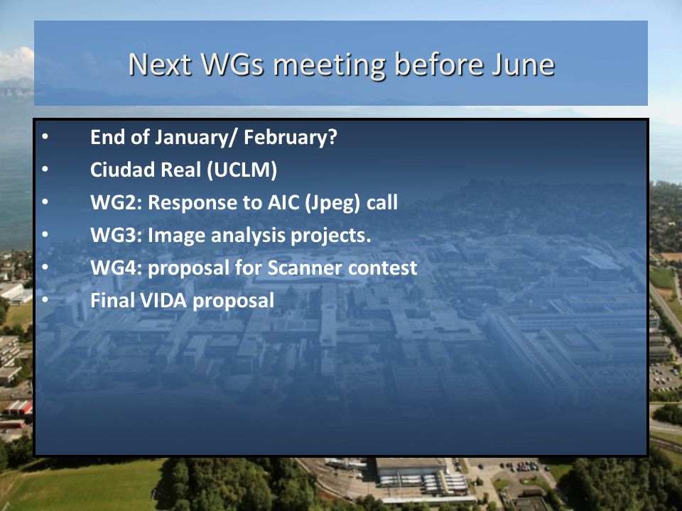 Next WGs meeting before June End of January/ February.