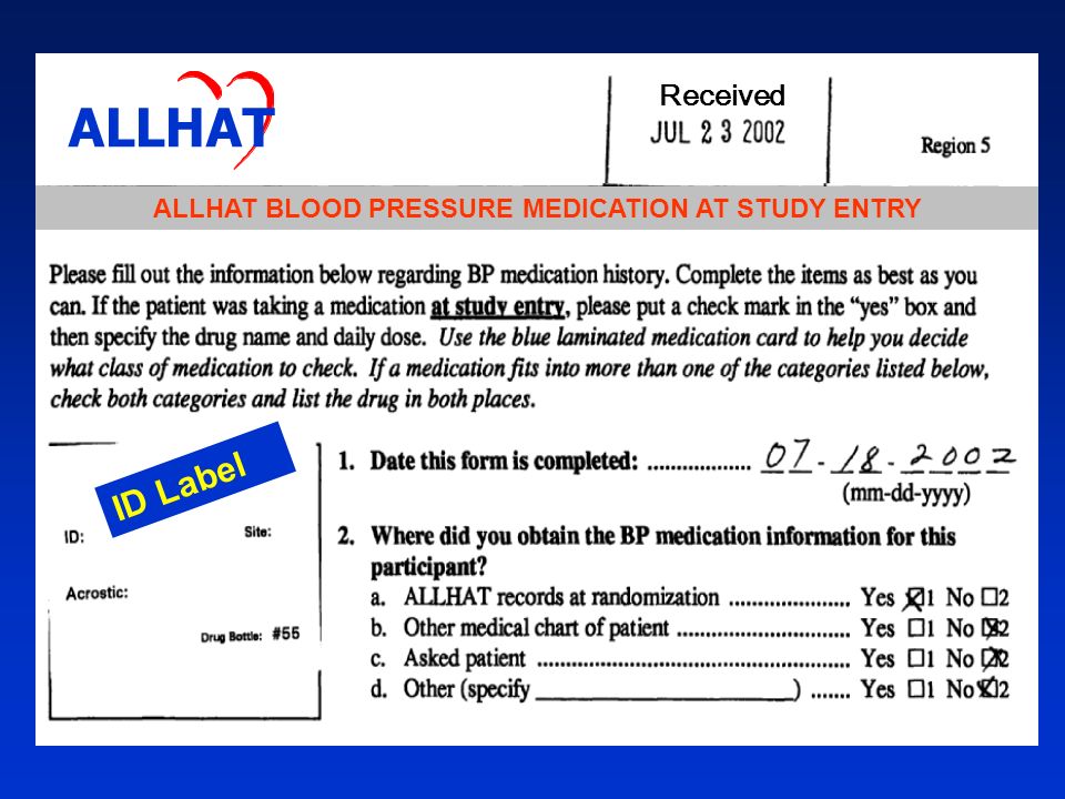 ID Label ALLHAT BLOOD PRESSURE MEDICATION AT STUDY ENTRY Received ALLHAT