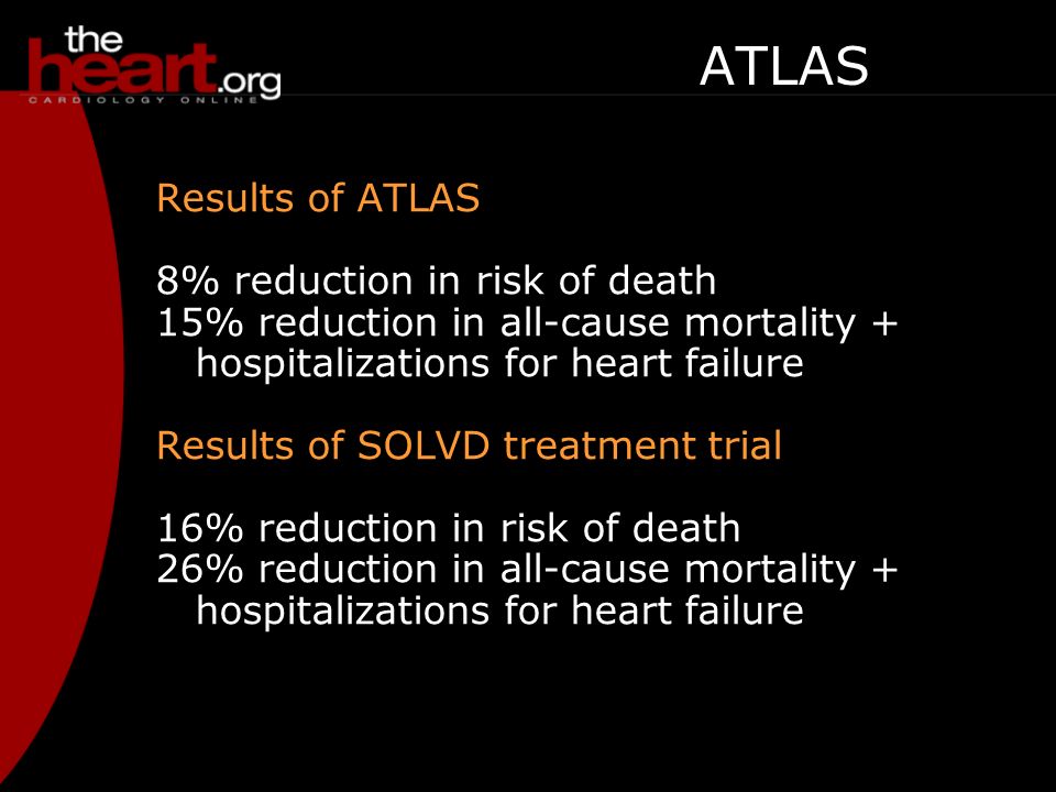 Results of ATLAS 8% reduction in risk of death 15% reduction in all-cause mortality + hospitalizations for heart failure Results of SOLVD treatment trial 16% reduction in risk of death 26% reduction in all-cause mortality + hospitalizations for heart failure ATLAS Adverse reactions