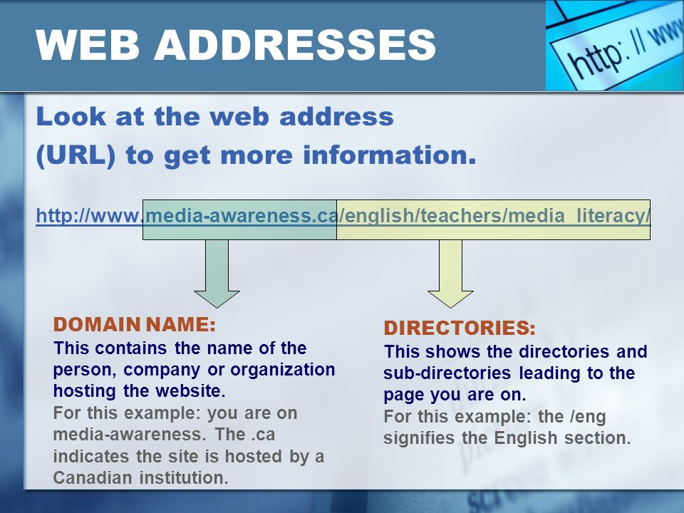 WEB ADDRESSES Look at the web address (URL) to get more information.