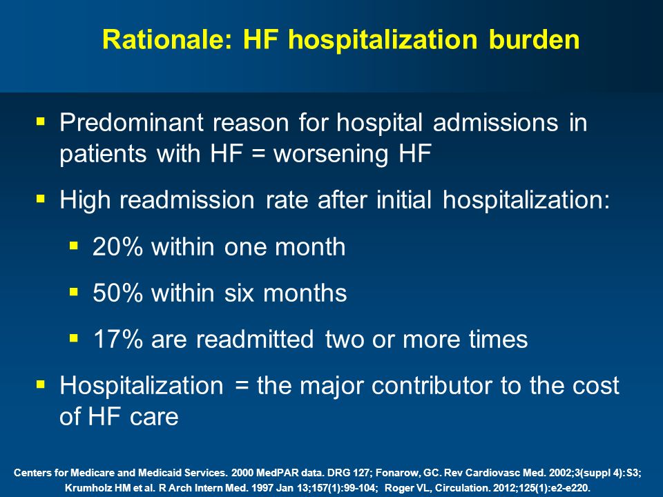  Predominant reason for hospital admissions in patients with HF = worsening HF  High readmission rate after initial hospitalization:  20% within one month  50% within six months  17% are readmitted two or more times  Hospitalization = the major contributor to the cost of HF care Centers for Medicare and Medicaid Services.