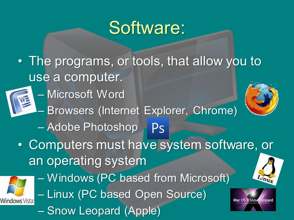 Software: The programs, or tools, that allow you to use a computer.The programs, or tools, that allow you to use a computer.