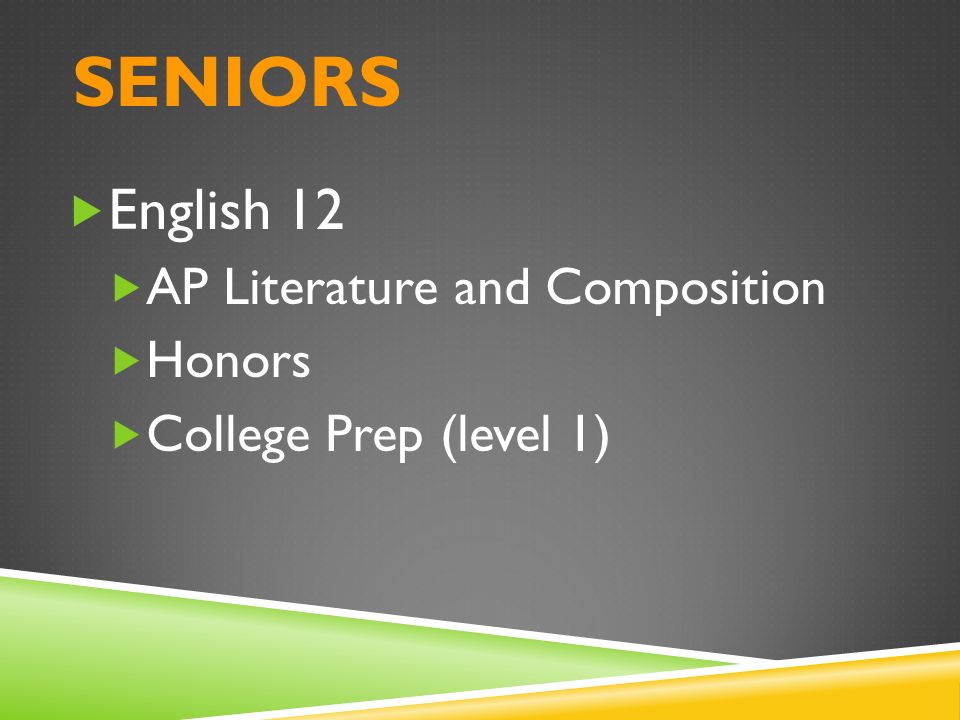 SENIORS  English 12  AP Literature and Composition  Honors  College Prep (level 1)