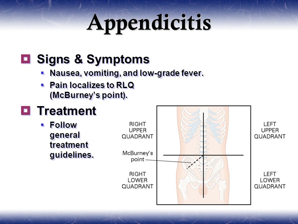 Signs &amp; Symptoms Nausea, vomiting, and low-grade fever ...