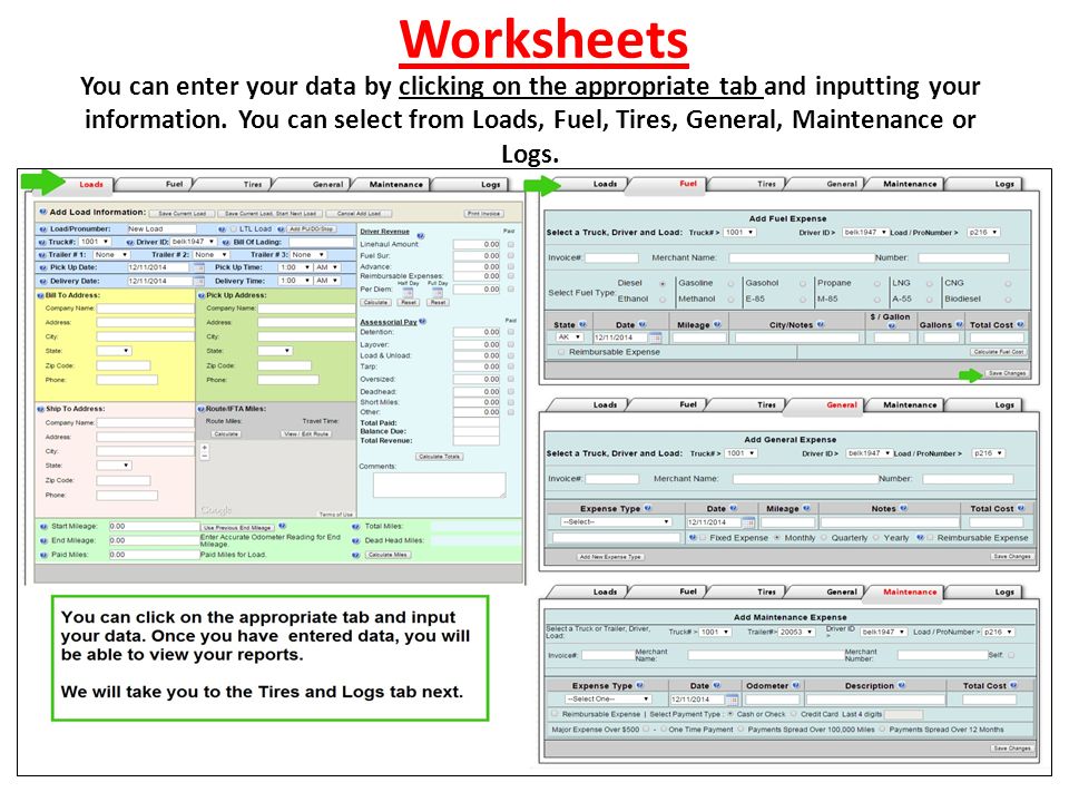Worksheets You can enter your data by clicking on the appropriate tab and inputting your information.