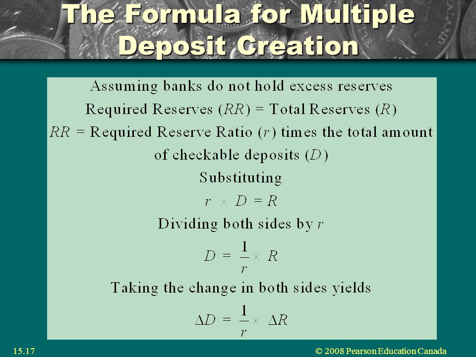 © 2008 Pearson Education Canada15.17 The Formula for Multiple Deposit Creation
