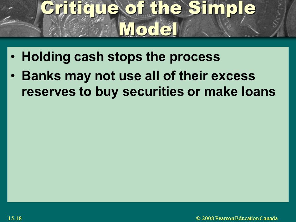 © 2008 Pearson Education Canada15.18 Critique of the Simple Model Holding cash stops the process Banks may not use all of their excess reserves to buy securities or make loans