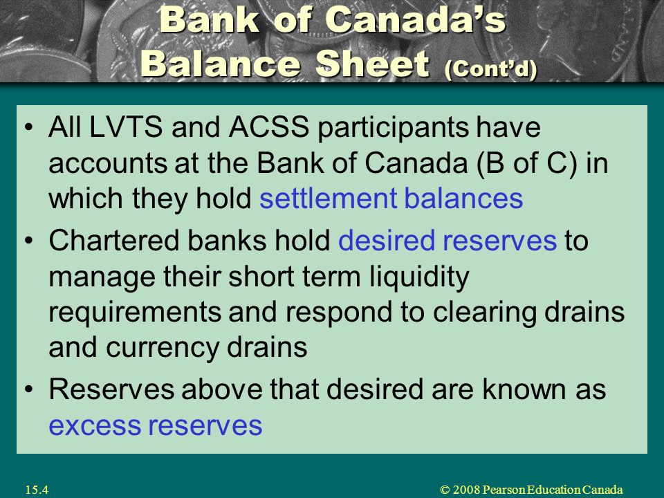 © 2008 Pearson Education Canada15.4 Bank of Canada’s Balance Sheet (Cont’d) All LVTS and ACSS participants have accounts at the Bank of Canada (B of C) in which they hold settlement balances Chartered banks hold desired reserves to manage their short term liquidity requirements and respond to clearing drains and currency drains Reserves above that desired are known as excess reserves