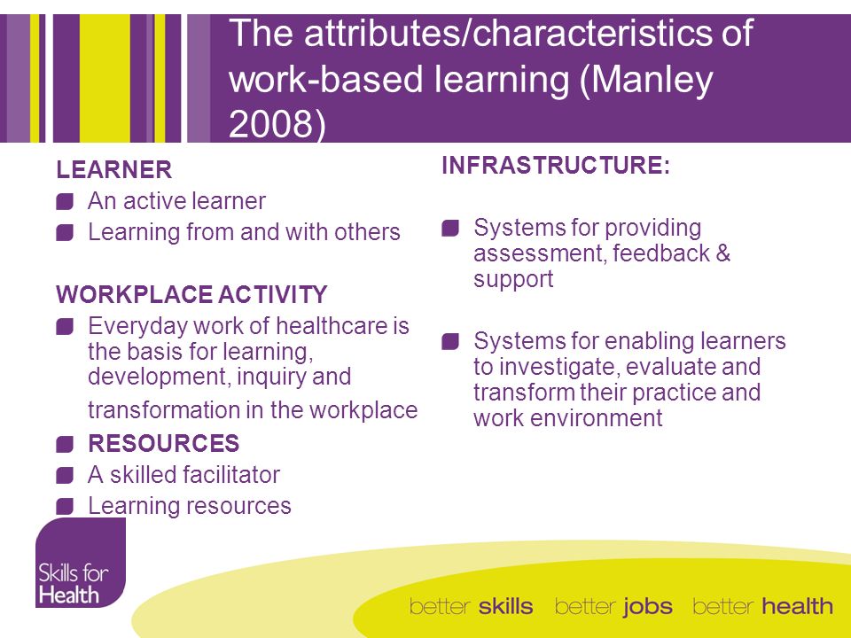 The attributes/characteristics of work-based learning (Manley 2008) LEARNER An active learner Learning from and with others WORKPLACE ACTIVITY Everyday work of healthcare is the basis for learning, development, inquiry and transformation in the workplace RESOURCES A skilled facilitator Learning resources INFRASTRUCTURE: Systems for providing assessment, feedback & support Systems for enabling learners to investigate, evaluate and transform their practice and work environment