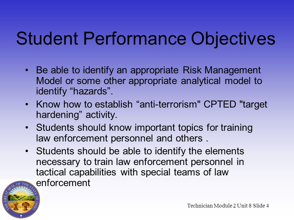 Technician Module 2 Unit 8 Slide 4 Student Performance Objectives Be able to identify an appropriate Risk Management Model or some other appropriate analytical model to identify hazards .