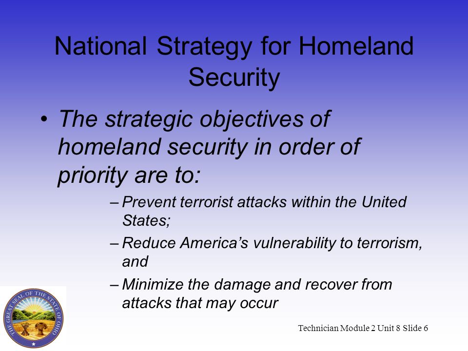 Technician Module 2 Unit 8 Slide 6 National Strategy for Homeland Security The strategic objectives of homeland security in order of priority are to: –Prevent terrorist attacks within the United States; –Reduce America’s vulnerability to terrorism, and –Minimize the damage and recover from attacks that may occur