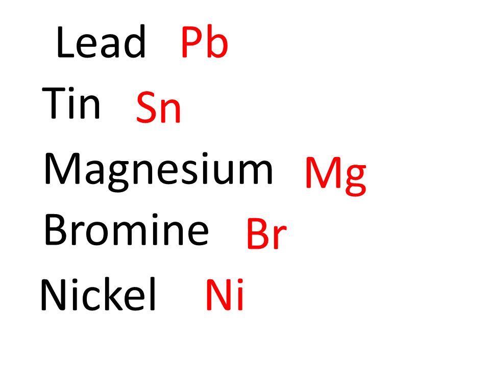 LeadPb Tin Sn Magnesium Mg Bromine Br NickelNi