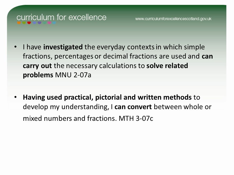 I have investigated the everyday contexts in which simple fractions, percentages or decimal fractions are used and can carry out the necessary calculations to solve related problems MNU 2-07a Having used practical, pictorial and written methods to develop my understanding, I can convert between whole or mixed numbers and fractions.