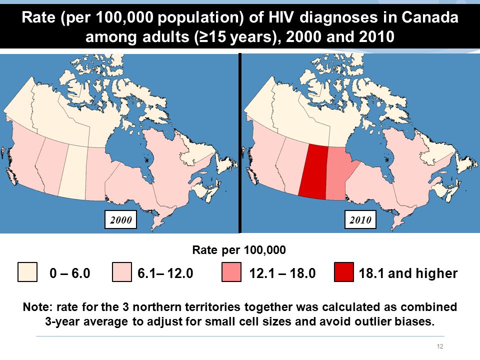 Rate (per 100,000 population) of HIV diagnoses in Canada among adults (≥15 years), 2000 and 2010 Rate per 100,000 0 – – – and higher Note: rate for the 3 northern territories together was calculated as combined 3-year average to adjust for small cell sizes and avoid outlier biases.
