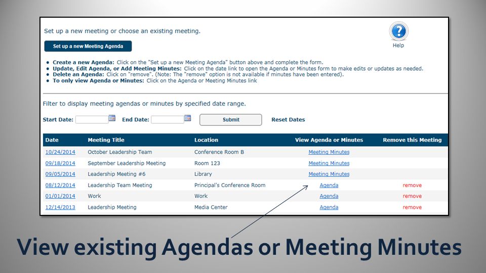 View existing Agendas or Meeting Minutes