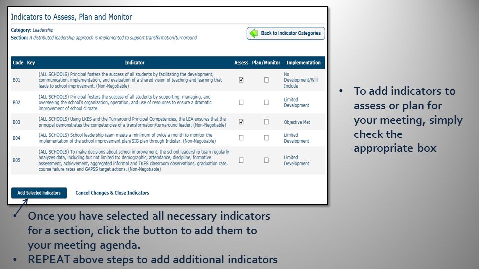 To add indicators to assess or plan for your meeting, simply check the appropriate box Once you have selected all necessary indicators for a section, click the button to add them to your meeting agenda.