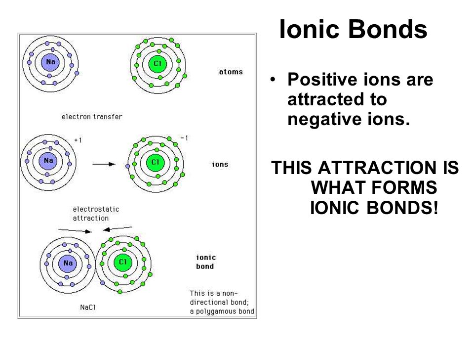 Ionic Bonds Positive ions are attracted to negative ions.