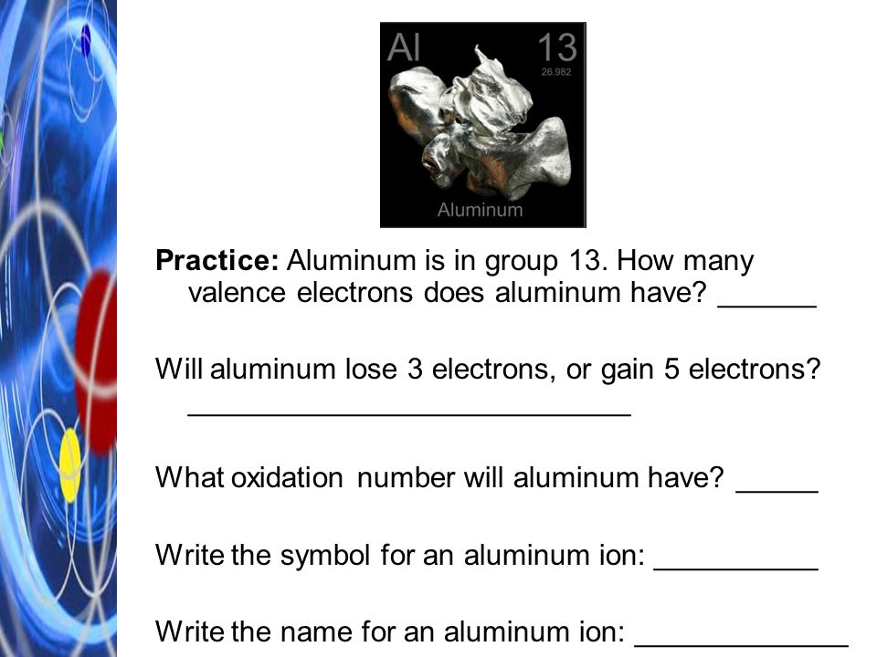 Practice: Aluminum is in group 13. How many valence electrons does aluminum have.