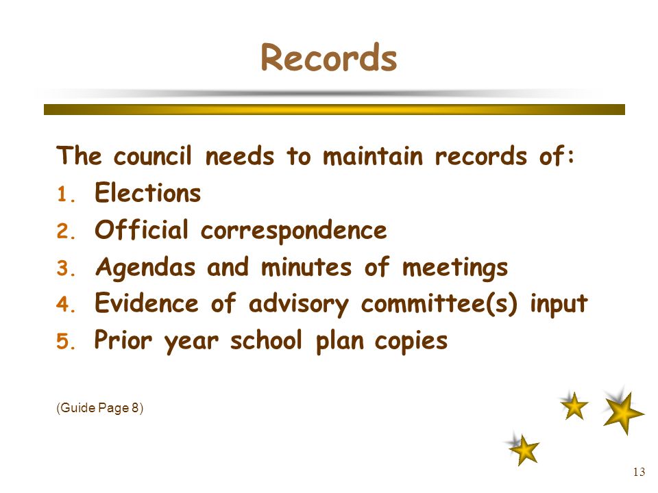 13 Records The council needs to maintain records of: 1.