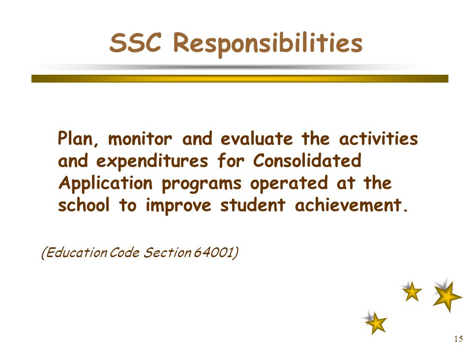 15 SSC Responsibilities Plan, monitor and evaluate the activities and expenditures for Consolidated Application programs operated at the school to improve student achievement.