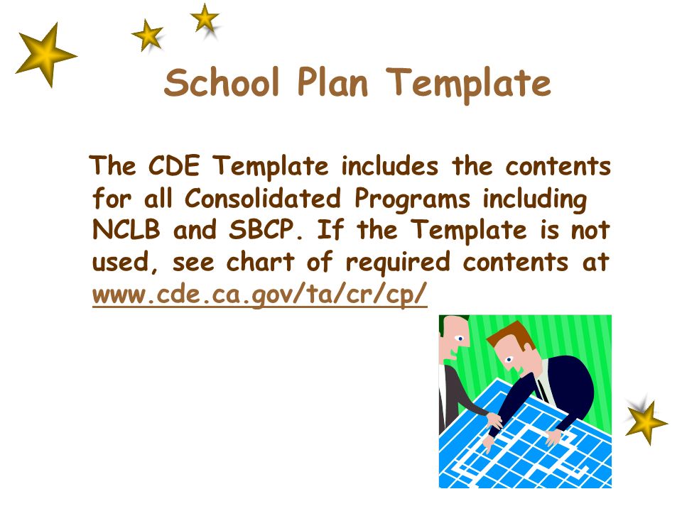 School Plan Template The CDE Template includes the contents for all Consolidated Programs including NCLB and SBCP.