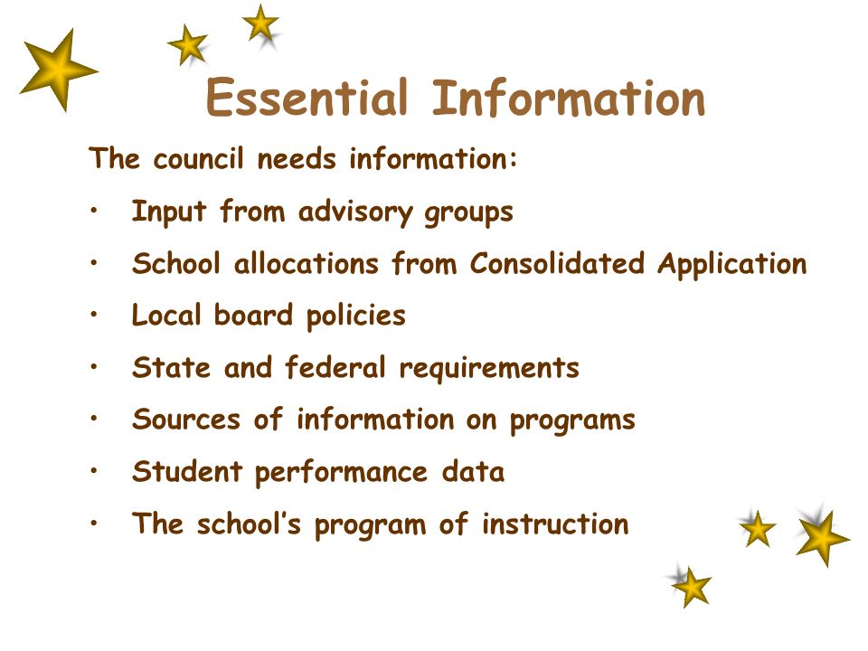 Essential Information The council needs information: Input from advisory groups School allocations from Consolidated Application Local board policies State and federal requirements Sources of information on programs Student performance data The school’s program of instruction