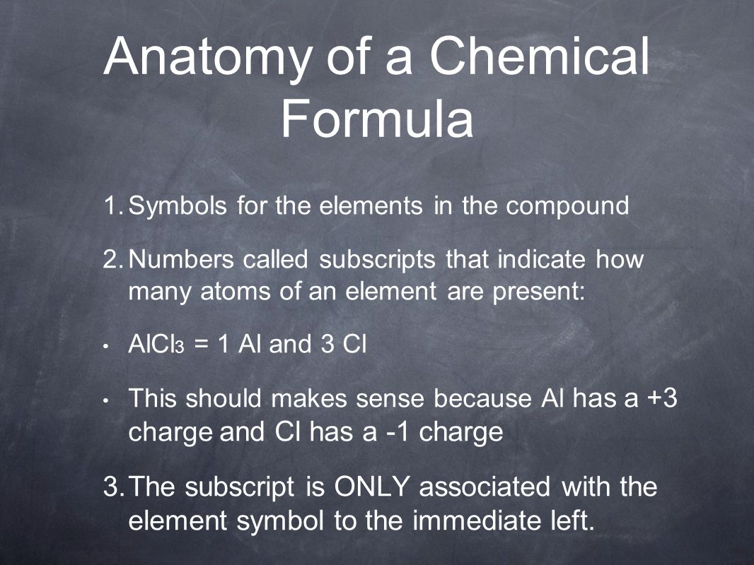 Anatomy of a Chemical Formula 1. Symbols for the elements in the compound 2.