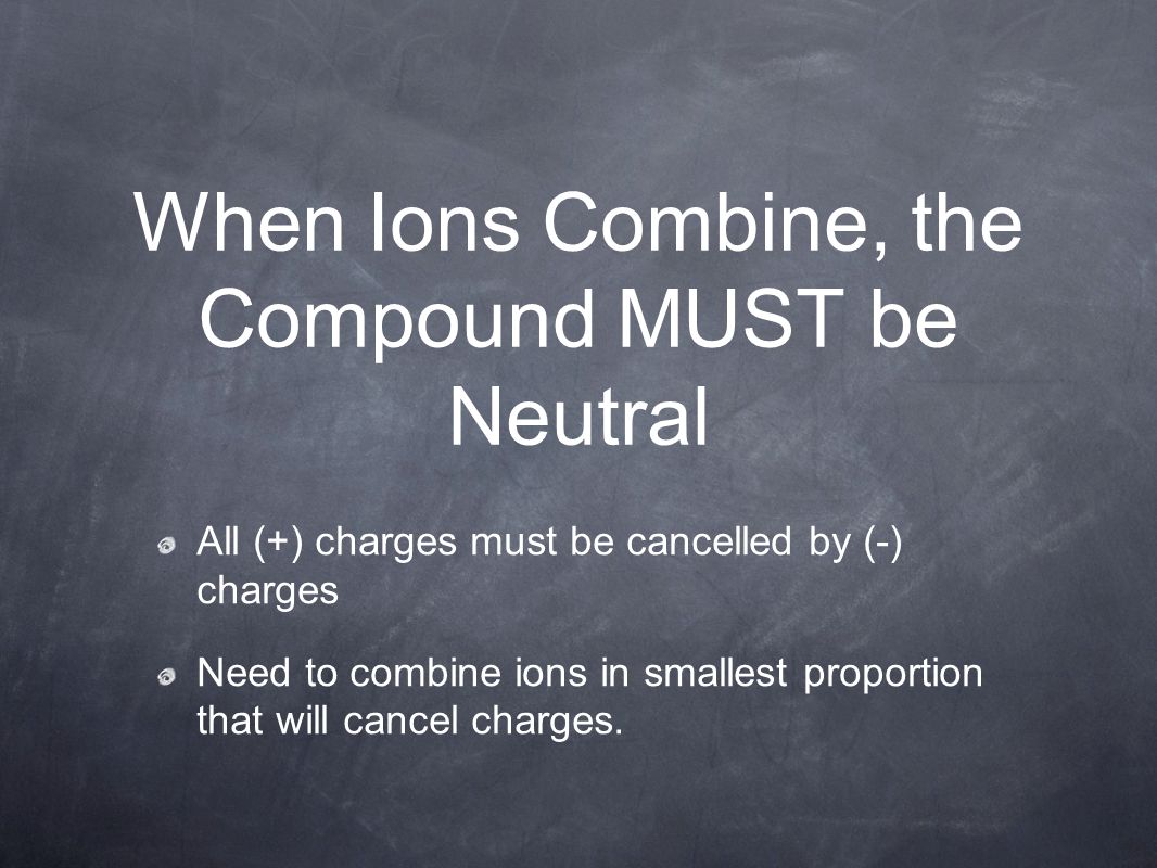 When Ions Combine, the Compound MUST be Neutral All (+) charges must be cancelled by (-) charges Need to combine ions in smallest proportion that will cancel charges.