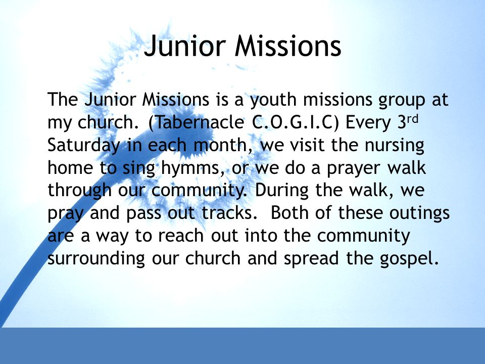 Junior Missions The Junior Missions is a youth missions group at my church.