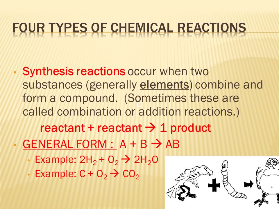 Synthesis reactions occur when two substances (generally elements) combine and form a compound.