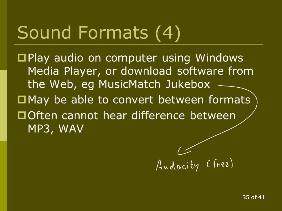 34 of 41 Sound Formats (3)  MP3 players can often also play.WAV files  MP3 format much smaller than WAV, can be 1/10 of size CD can hold 700MB, or 74 minutes of uncompressed audio In MP3 format, CD of the same size can easily hold 740 minutes of audio!!!