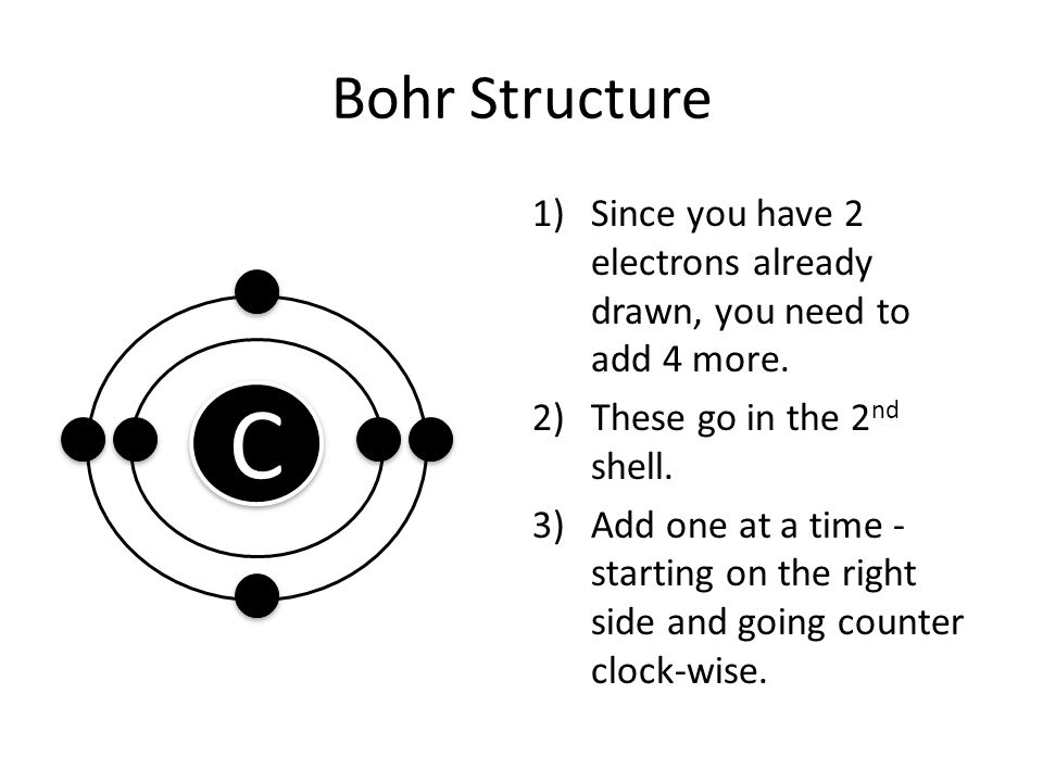 Bohr Structure 1)Since you have 2 electrons already drawn, you need to add 4 more.