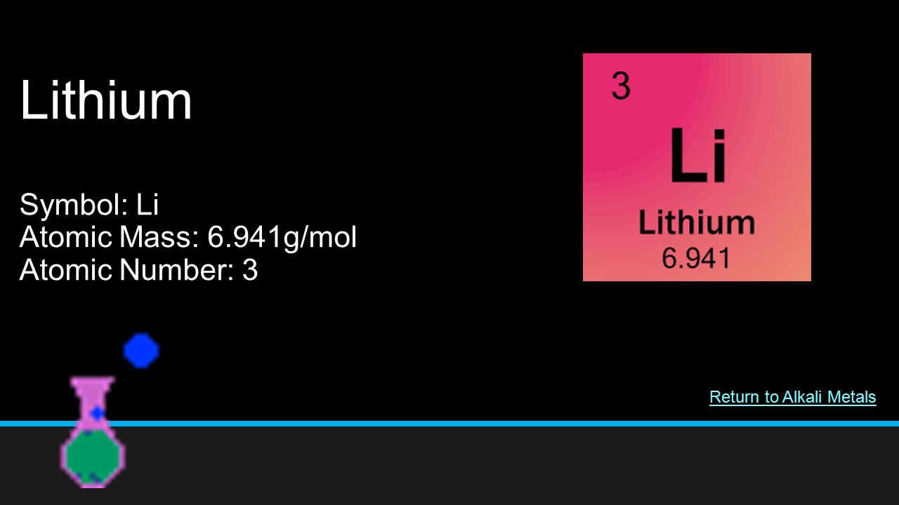 Lithium Symbol: Li Atomic Mass: 6.941g/mol Atomic Number: 3 Return to Alkali Metals