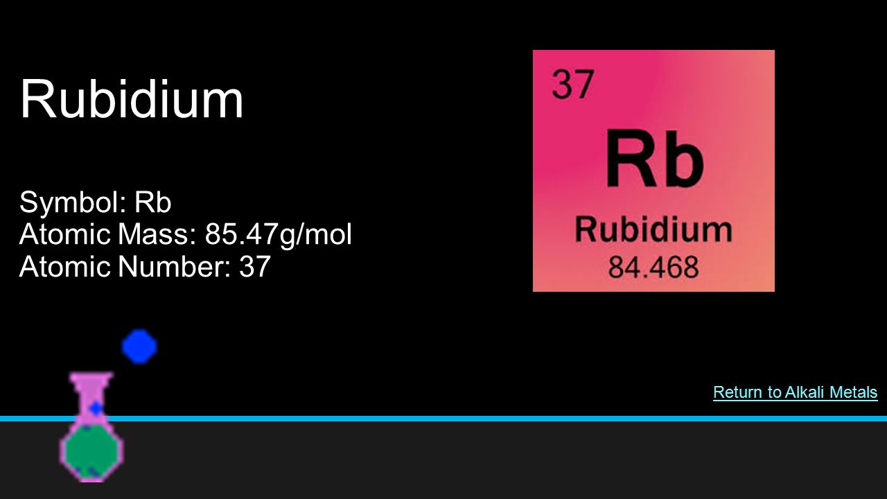 Rubidium Symbol: Rb Atomic Mass: 85.47g/mol Atomic Number: 37 Return to Alkali Metals