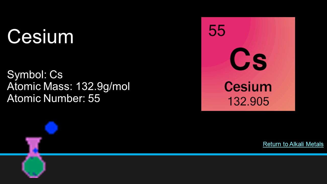 Cesium Symbol: Cs Atomic Mass: 132.9g/mol Atomic Number: 55 Return to Alkali Metals