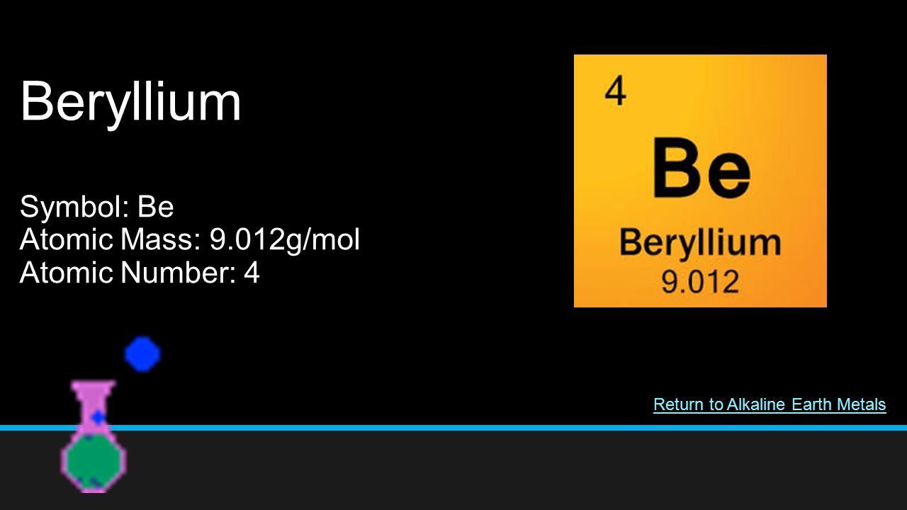 Beryllium Symbol: Be Atomic Mass: 9.012g/mol Atomic Number: 4 Return to Alkaline Earth Metals