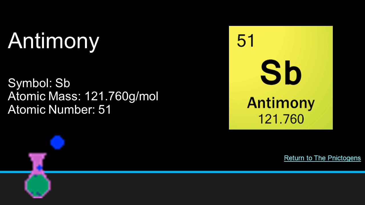 Antimony Symbol: Sb Atomic Mass: g/mol Atomic Number: 51 Return to The Pnictogens