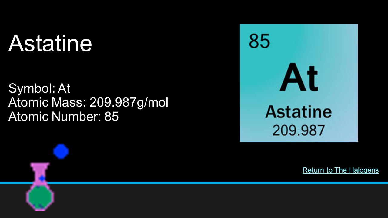 Astatine Symbol: At Atomic Mass: g/mol Atomic Number: 85 Return to The Halogens