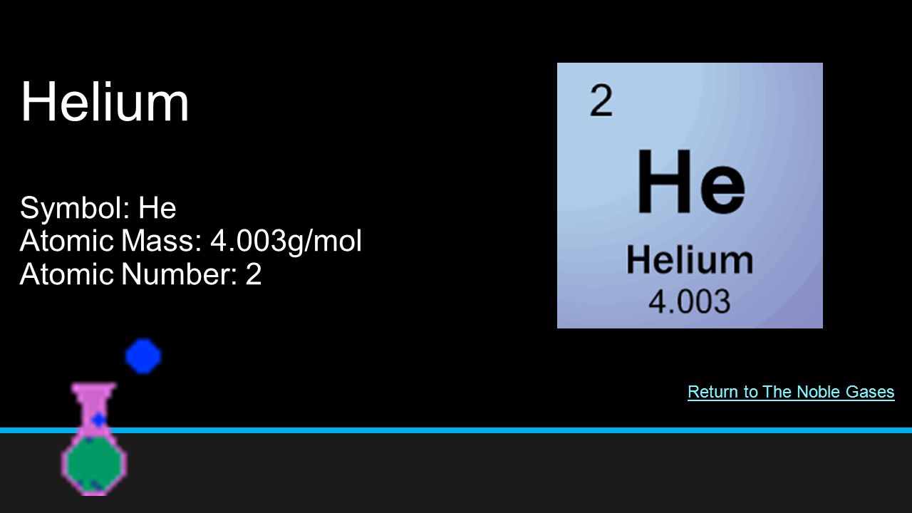 Helium Symbol: He Atomic Mass: 4.003g/mol Atomic Number: 2 Return to The Noble Gases