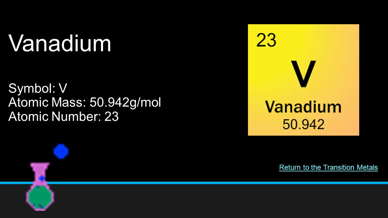 Vanadium Symbol: V Atomic Mass: g/mol Atomic Number: 23 Return to the Transition Metals