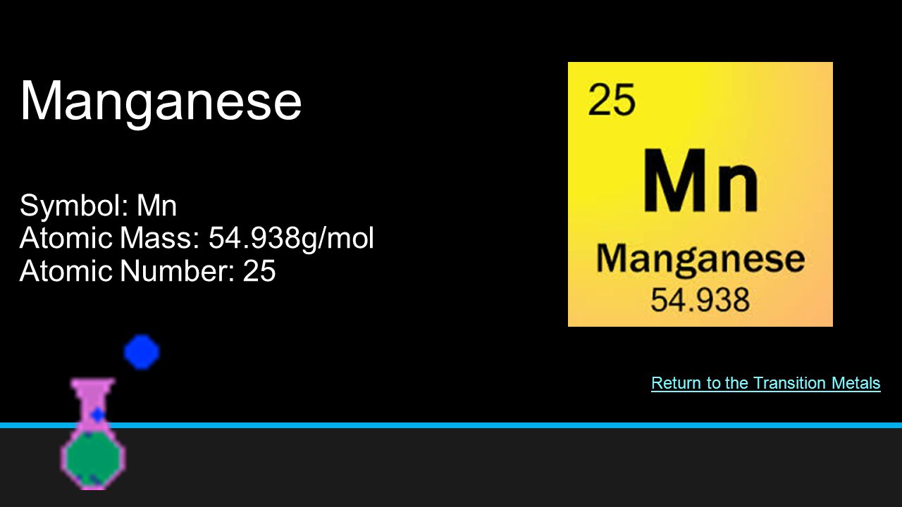 Manganese Symbol: Mn Atomic Mass: g/mol Atomic Number: 25 Return to the Transition Metals
