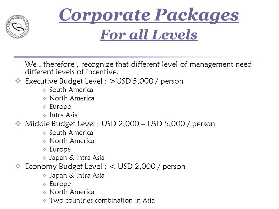 Corporate Packages For all Levels We, therefore, recognize that different level of management need different levels of incentive.
