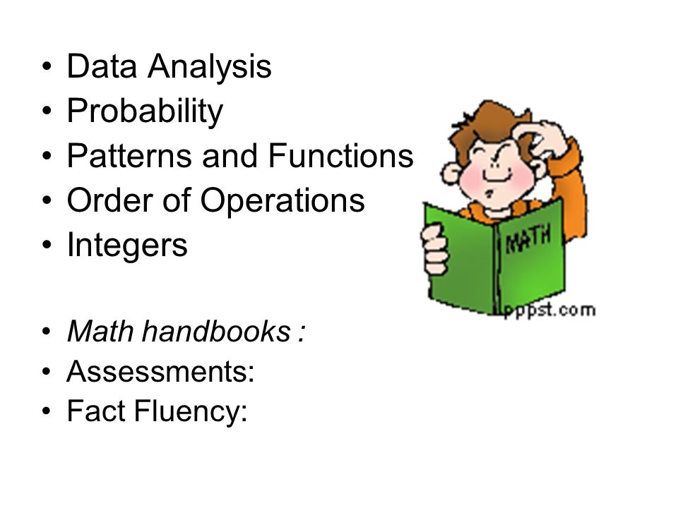 Data Analysis Probability Patterns and Functions Order of Operations Integers Math handbooks : Assessments: Fact Fluency: