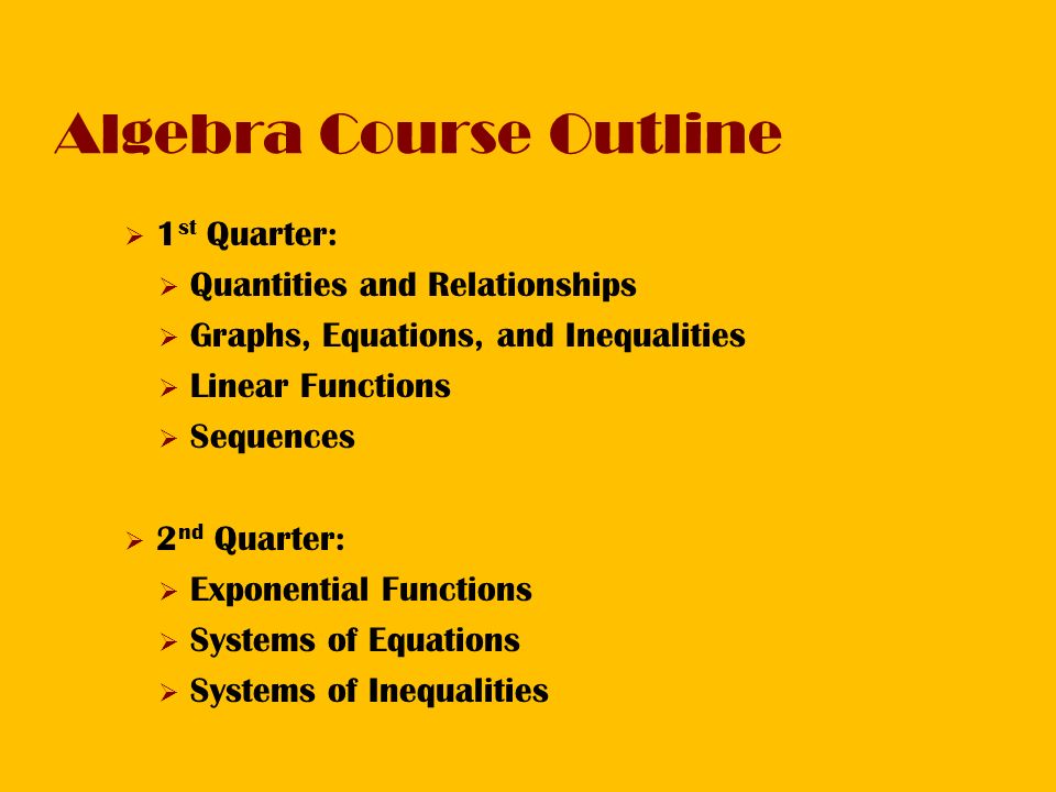 Algebra Course Outline  1 st Quarter:  Quantities and Relationships  Graphs, Equations, and Inequalities  Linear Functions  Sequences  2 nd Quarter:  Exponential Functions  Systems of Equations  Systems of Inequalities