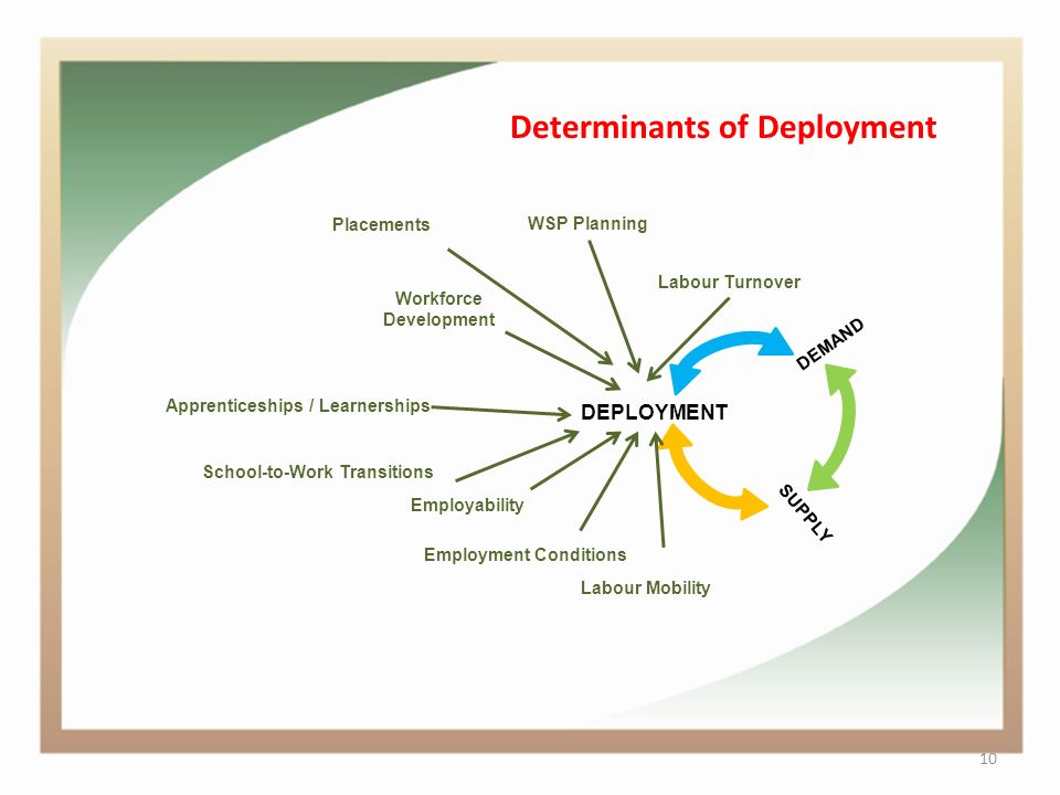 10 SUPPLY DEMAND DEPLOYMENT School-to-Work Transitions Apprenticeships / Learnerships WSP Planning Workforce Development Employability Employment Conditions Determinants of Deployment Labour Turnover Labour Mobility Placements