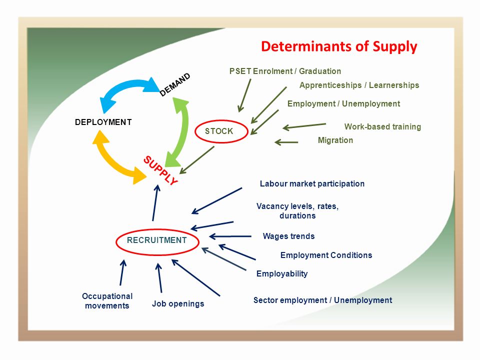 Determinants of Supply DEMAND SUPPLY DEPLOYMENT STOCK RECRUITMENT Employment / Unemployment Migration PSET Enrolment / Graduation Vacancy levels, rates, durations Wages trends Employability Work-based training Apprenticeships / Learnerships Sector employment / Unemployment Occupational movements Job openings Employment Conditions Labour market participation