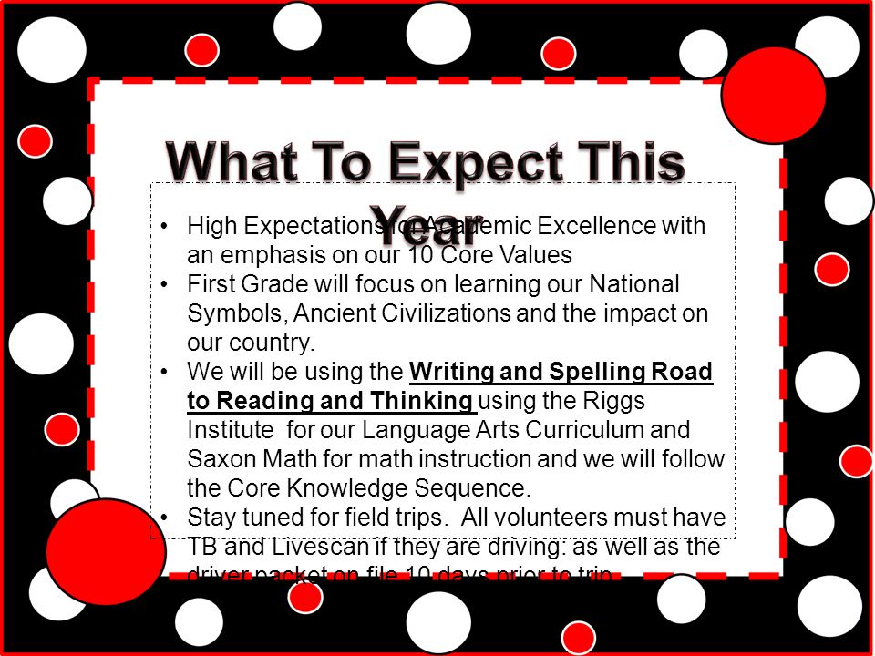 High Expectations for Academic Excellence with an emphasis on our 10 Core Values First Grade will focus on learning our National Symbols, Ancient Civilizations and the impact on our country.